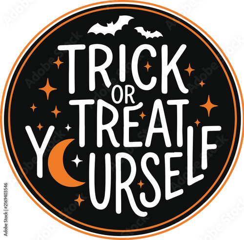 Trick or Treat Yourself Halloween Badge with Pumpkin, Moon and Bats