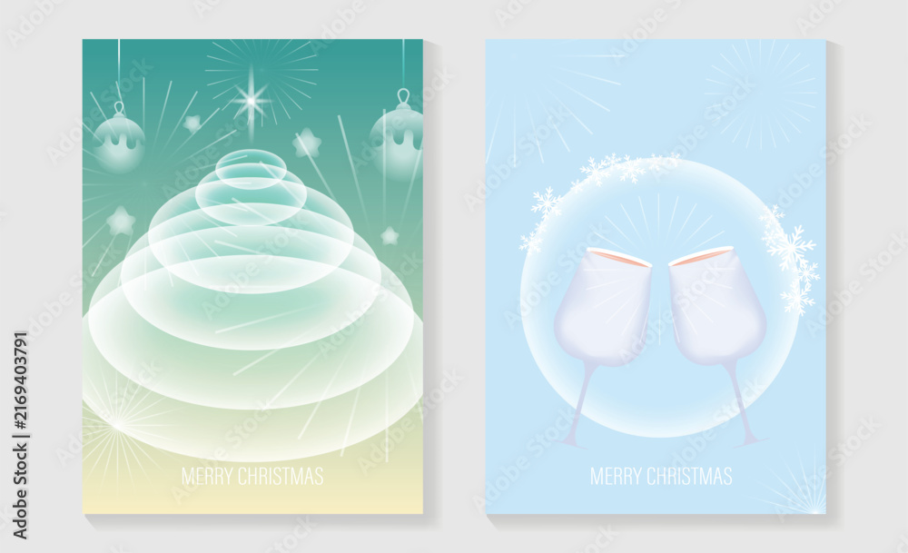 Naklejka premium Merry Christmas and Happy New Year vector posters set. Abstract layered Christmas tree, hanging ornaments and champagne glasses with glowing snowflake circle on soft pastel backgrounds.