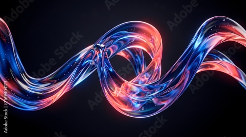 dynamic 3D render of a glossy liquid ribbon curving and twisting in a continuous loop, illuminated by vibrant blue and pink neon light highlights against a solid dark background.
