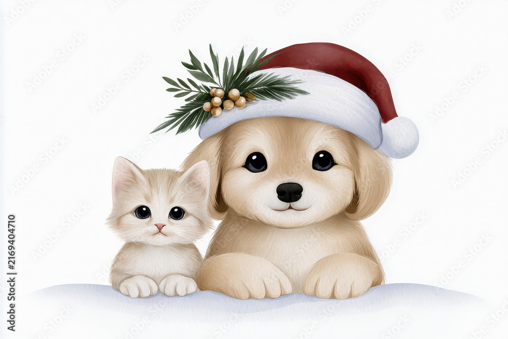 Fototapeta premium Cute puppy and kitten with Christmas hat and pine decoration, festive holiday pet illustration with joyful expression