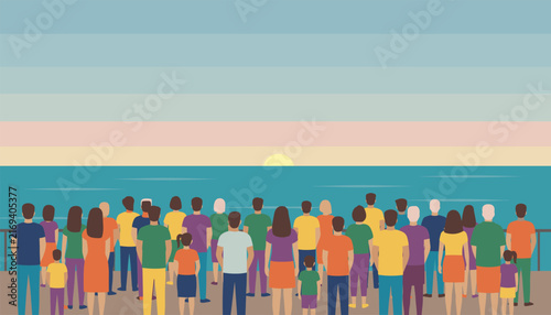 Large group of diverse people stands at a railing looking out towards the sea during a calm sunset on a beautiful summer evening.