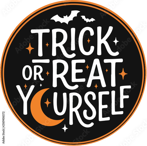 Trick or Treat Yourself Halloween Badge with Crescent Moon and Bat