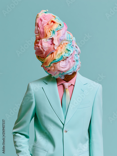 The mannequin is wearing a light blue suit and has a soft-serve ice cream head