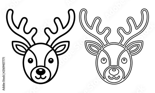 Adorable reindeer head line art icons with friendly smiles and large antlers isolated on white background for holiday crafts.