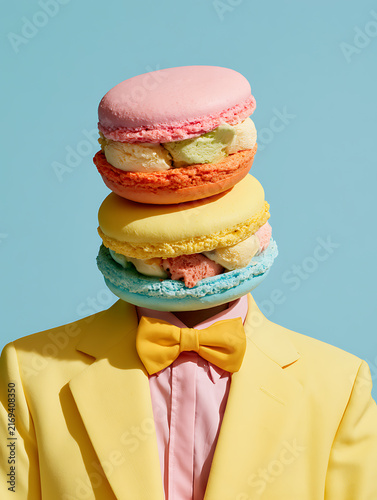 A person wearing a pastel yellow outfit with a head shaped like an ice cream sandwich macaron