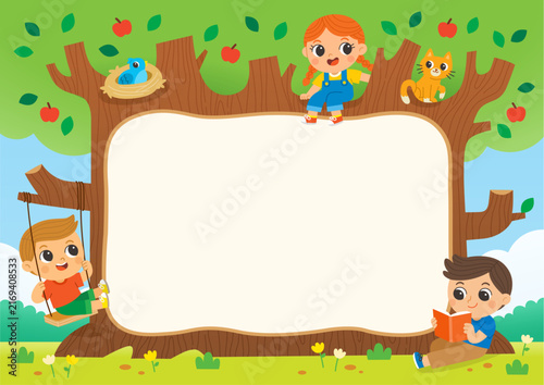 Big tree frame template with cute kids playing swinging reading books, and cute animals like a cat and bird in a lush green garden.