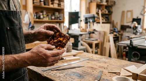 Craftsperson holding a custom tortoiseshell acetate tile in a professional workshop studio