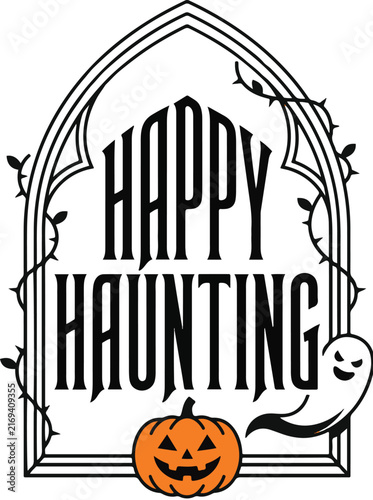 Happy Haunting Halloween Typography with Bats, Crescent Moon and Pumpkins