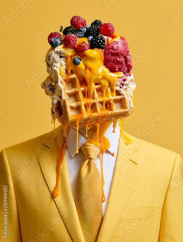 A mannequin in a yellow suit with a waffle ice cream head