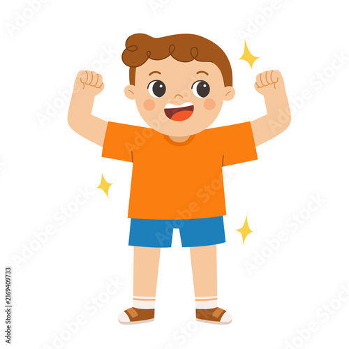 Healthy strong boy showing bicep muscle with sparkling stars on white background.