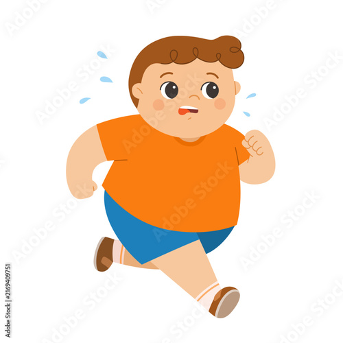 A chubby overweight boy running and sweating while exercising.