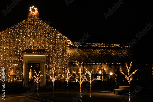 Fotografie Light Christmas decorations cover a building and trees during the night near a p
