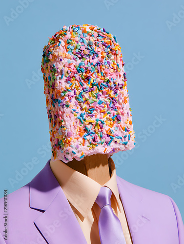 A mannequin in a lavender suit with an ice cream-shaped head