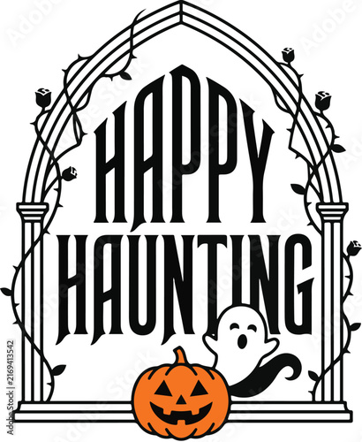 Happy Haunting Halloween Vintage Design with Bats, Pumpkins and Crescent Moon