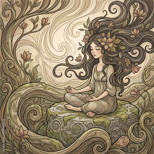 Serene woman meditating in nature.