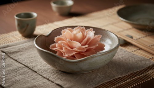 Detailed ginger rose sculpture placed in a ceramic bowl atop a woven placemat with small tea cups and empty dishes in a minimalist setting
