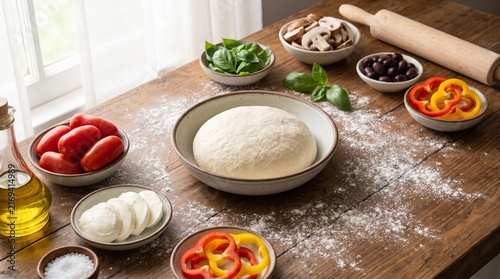 Fresh pizza ingredients arranged on a wooden table with dough  