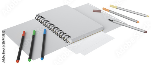 Fotografía Clean minimalist flat lay of blank spiral notebooks with open pages, colored pens and markers on white background