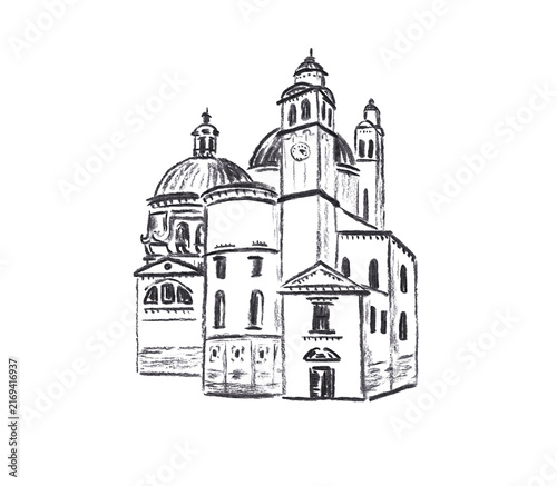 Canvastavla Hand drawn charcoal sketch of Italian cathedral with dome and clock tower, isolated on white background