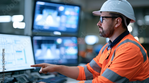 Industrial engineer with helmet and safety jacket monitors production process on multiple screens at control room, using advanced technology for automation.