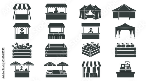 Market stall vector icon collection displaying various outdoor retail stands and wooden crate containers for fresh local farm produce sales