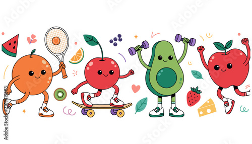 Cute Healthy Fruits Cartoon Characters Exercising and Playing Sports