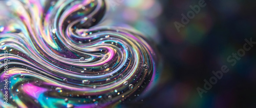 Mesmerizing Iridescent Liquid Swirl Featuring Vibrant Holographic Rainbow Colors and Metallic Bubbles on a Dark Bokeh Background, Artistic Macro Abstraction for Modern Design Decor