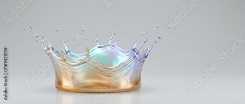 Iridescent liquid splash forming a crown with metallic gold and violet hues on a minimalist gray background, captured in high-speed 3D digital rendering style.