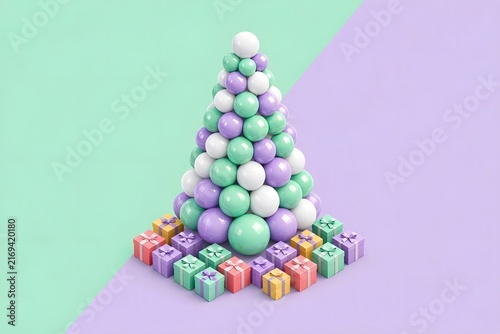 Abstract Christmas tree made of pastel spheres and tiny gift boxes 3D render.