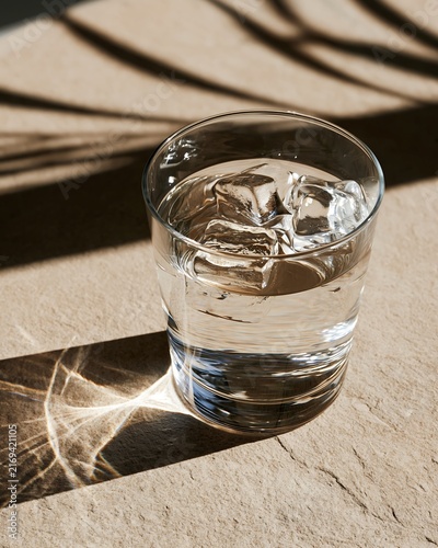 Glass of cold water with ice cubes in sunlight with leaf shadow patterns