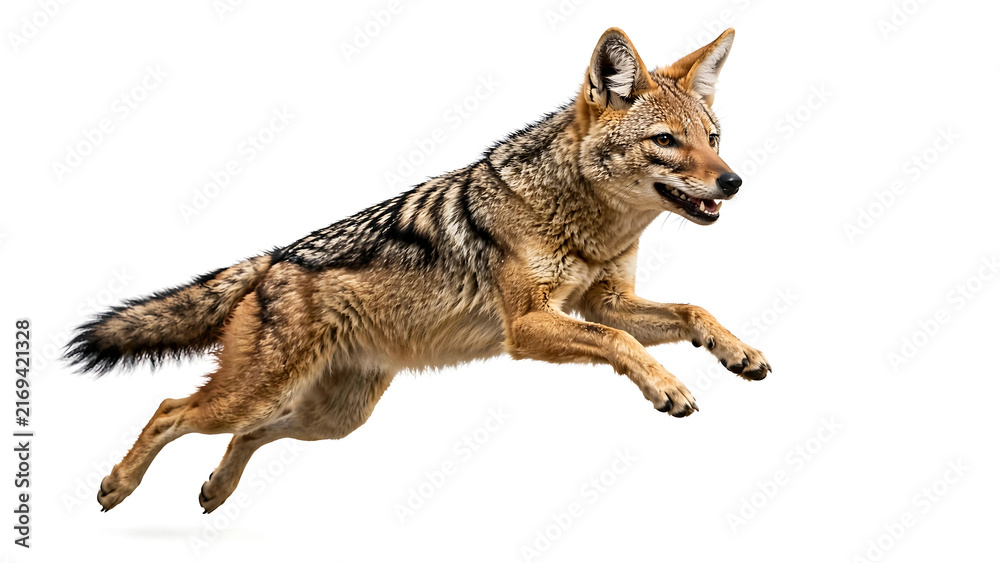 Fototapeta premium Wild coyote leaping in mid-air with paws extended, isolated on a white background for commercial design