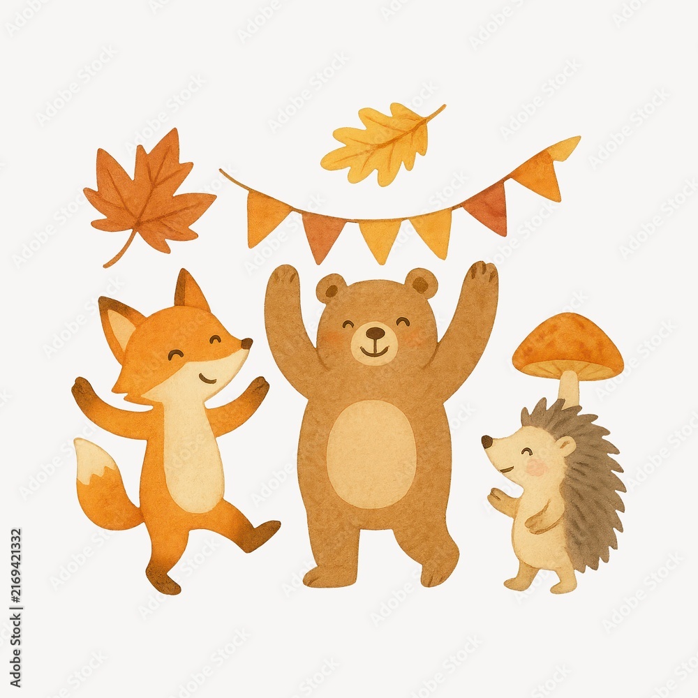 Naklejka premium Cute woodland animals celebrating autumn.