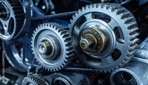 Close up view of metal gears and timing belt inside an automobile engine depicting mechanical engineering and complex industrial machinery systems.