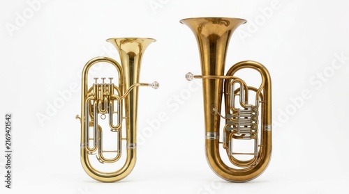 Two brass musical instruments on white background