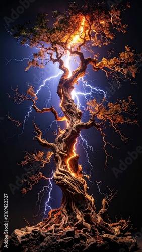 Majestic twisted tree struck by lightning with dramatic electrical energy glowing through the gnarled bark against a dark night sky background.
