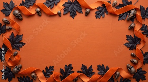 Halloween skull frame with dark maple leaves and velvet orange ribbon on flat lay orange wooden background for eerie holiday design concept