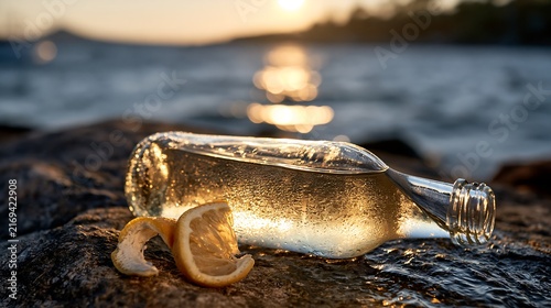 Cold glass bottle with fresh lemon wedge on rock near ocean water surface