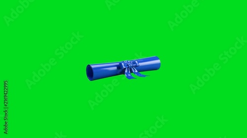 A shiny blue rolled diploma tied with a matching ribbon on green screen