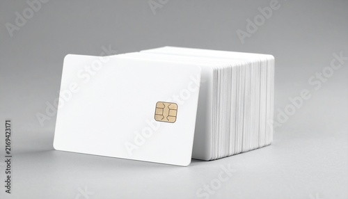 A stack of blank white smart cards with integrated electronic chips isolated on a neutral gray background for banking and security concepts.