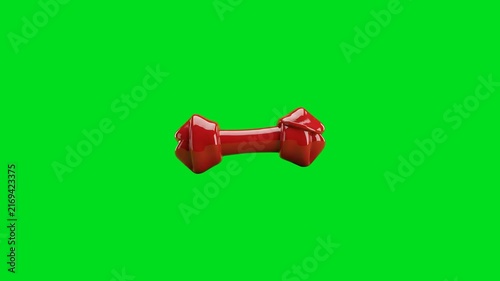 A shiny red plastic dog bone toy centered on a vibrant green background