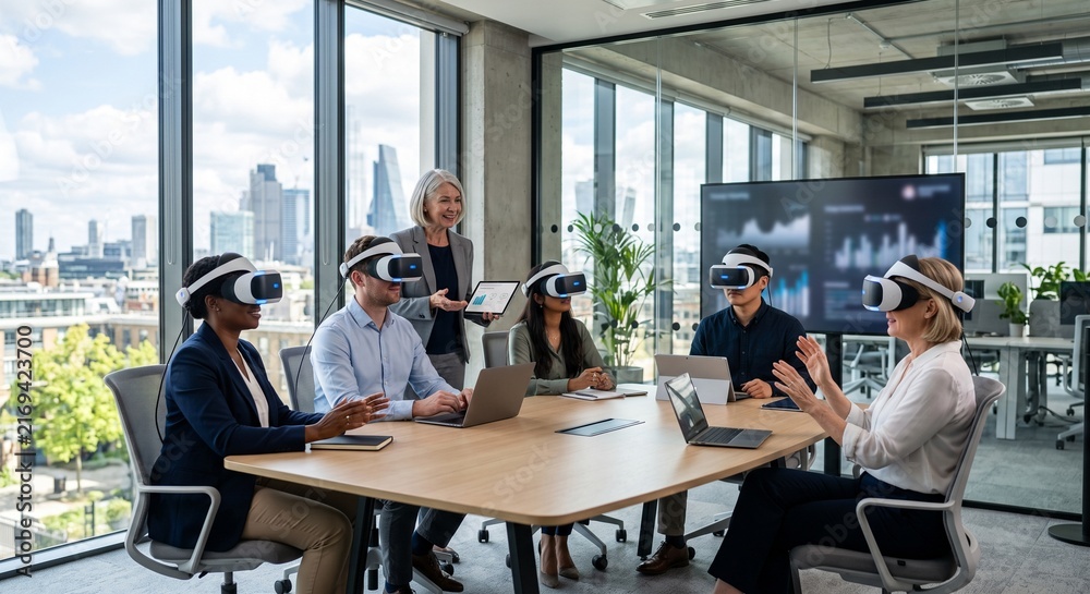 Obraz premium Diverse corporate team using VR headsets for business training in a modern office