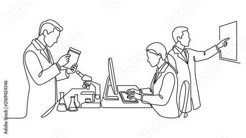 Continuous one line drawing of scientists working in a modern laboratory.