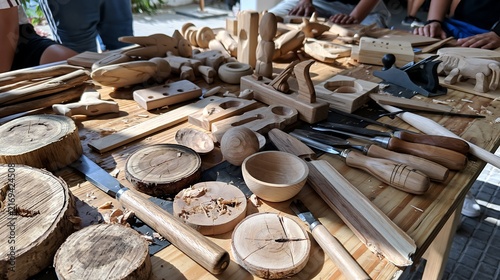 Wooden sculptures, carving tools, and wood blocks on a workshop table