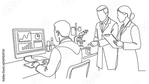 Continuous line drawing of scientists working in a modern laboratory environment.