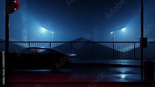 3D Animation of passing vehicles between traffic lights at night	

