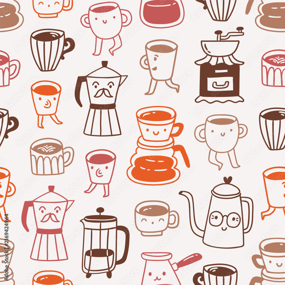 Obraz premium Vector coffee seamless pattern for cafe, coffee shop or restaurant menu. Cute doodle coffee seamless texture.