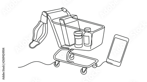 Continuous one line drawing of shopping cart with medicine bottles and smartphone.