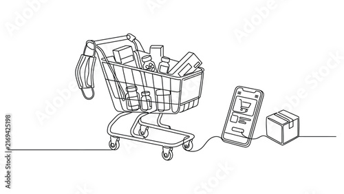 Continuous one line drawing of a shopping cart with medicine bottles and smartphone.