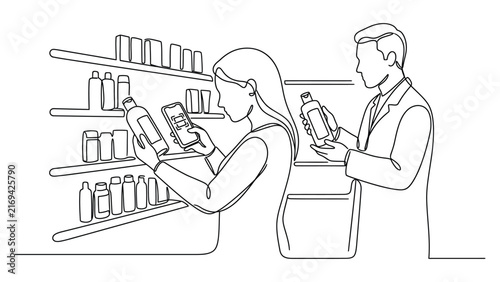 Continuous line drawing of a customer choosing skincare products with a pharmacist.