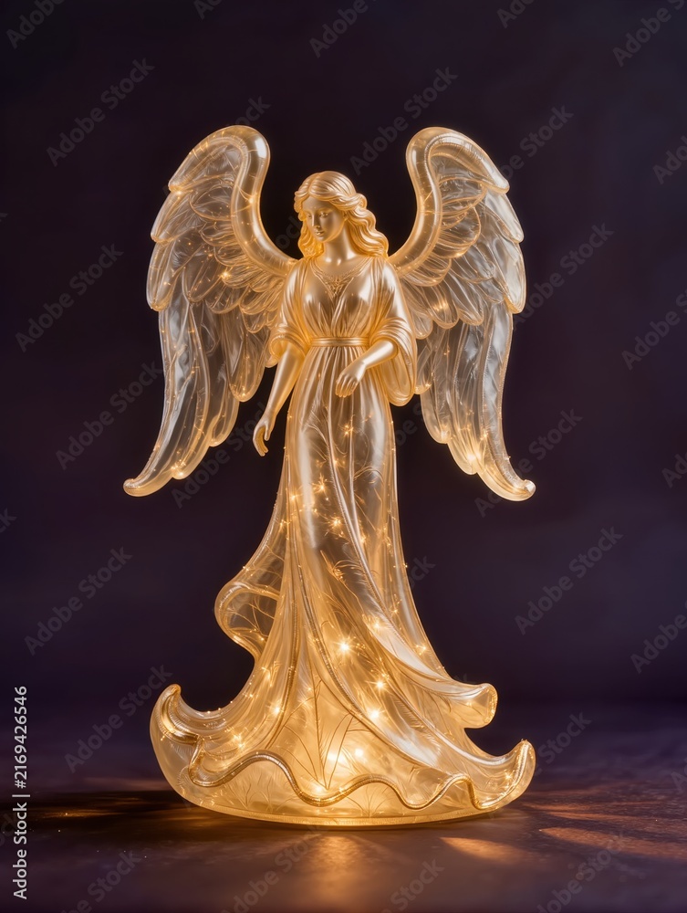 Fototapeta premium An ethereal Christmas angel sculpture recreated from transparent inflatable plastic, elegant human-like silhouette, flowing gown and large translucent wings, warm golden light glowing through the body